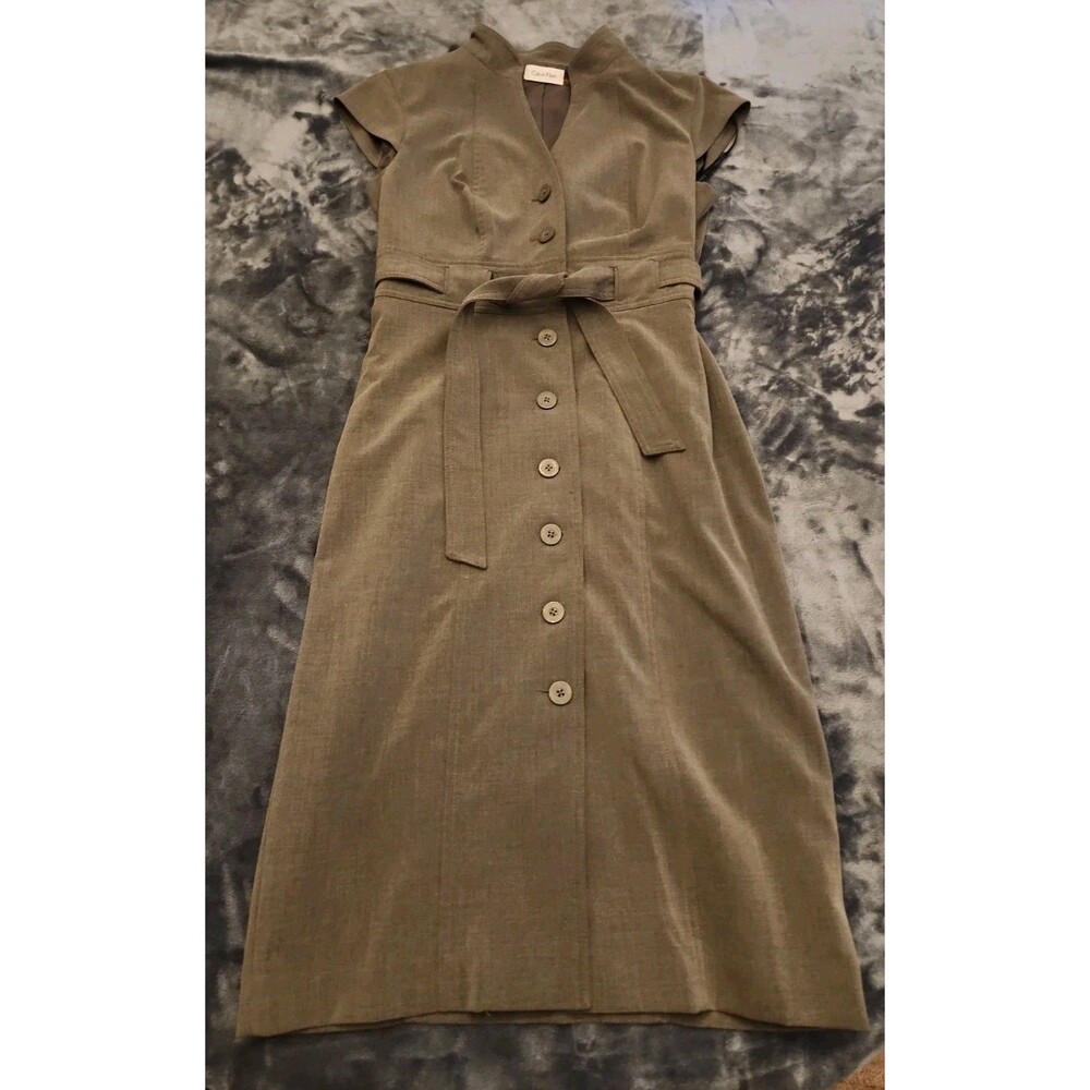 Calvin Klein Gray Button Front Belted Sheath Dress Cap Sleeve Career 8